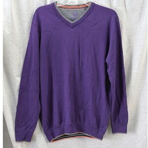 Bugatchi Uomo Purple Merino Wool V Neck Sweater Men's M Rainbow Stripe Trim